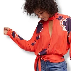 FREE PEOPLE Say You Love Me Long Sleeve High Neck Floral Shirt Top Size XS